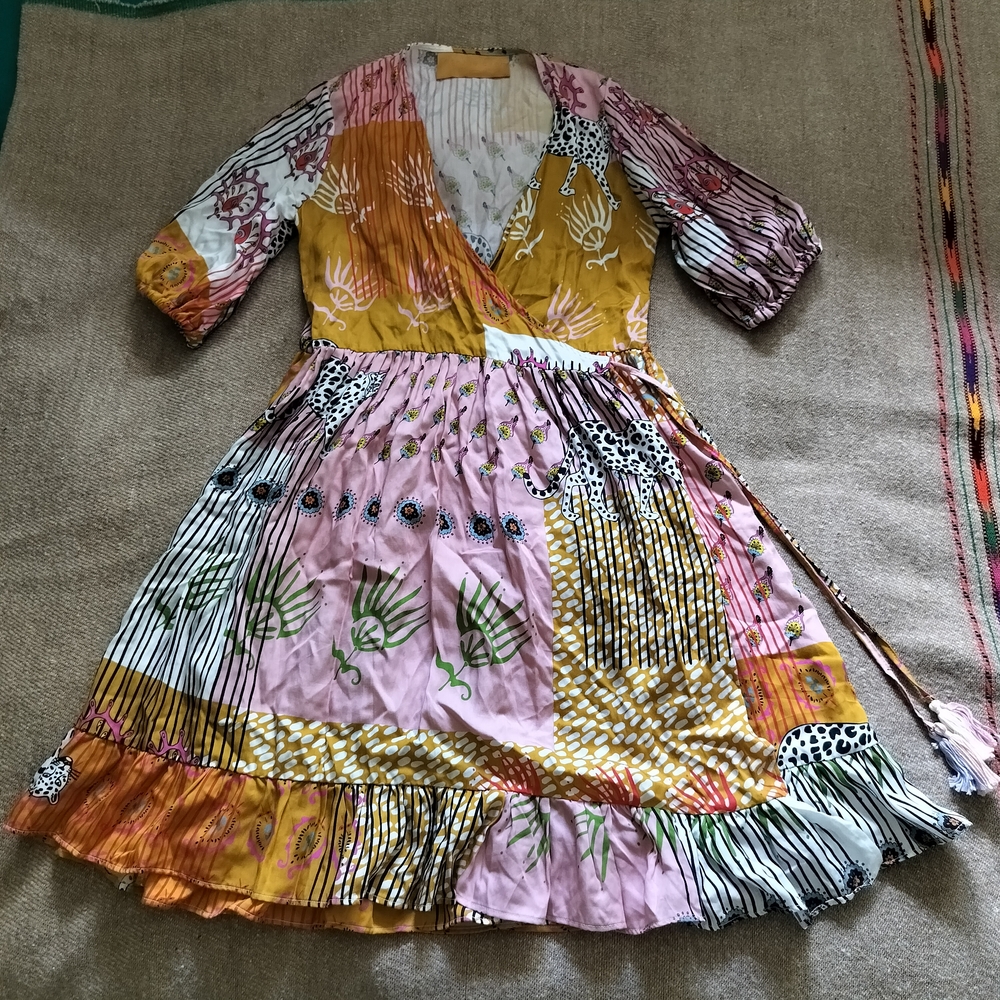 Asha:Eleven Romantic Animal Tropical Print Patchwork 100% Tencel Wrap Dress
